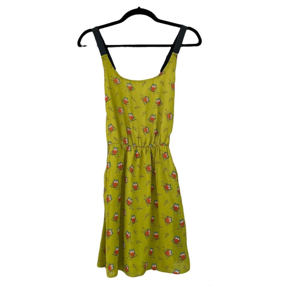 HONEY AND ROSIE Yellow Owl Lined Skater Dress